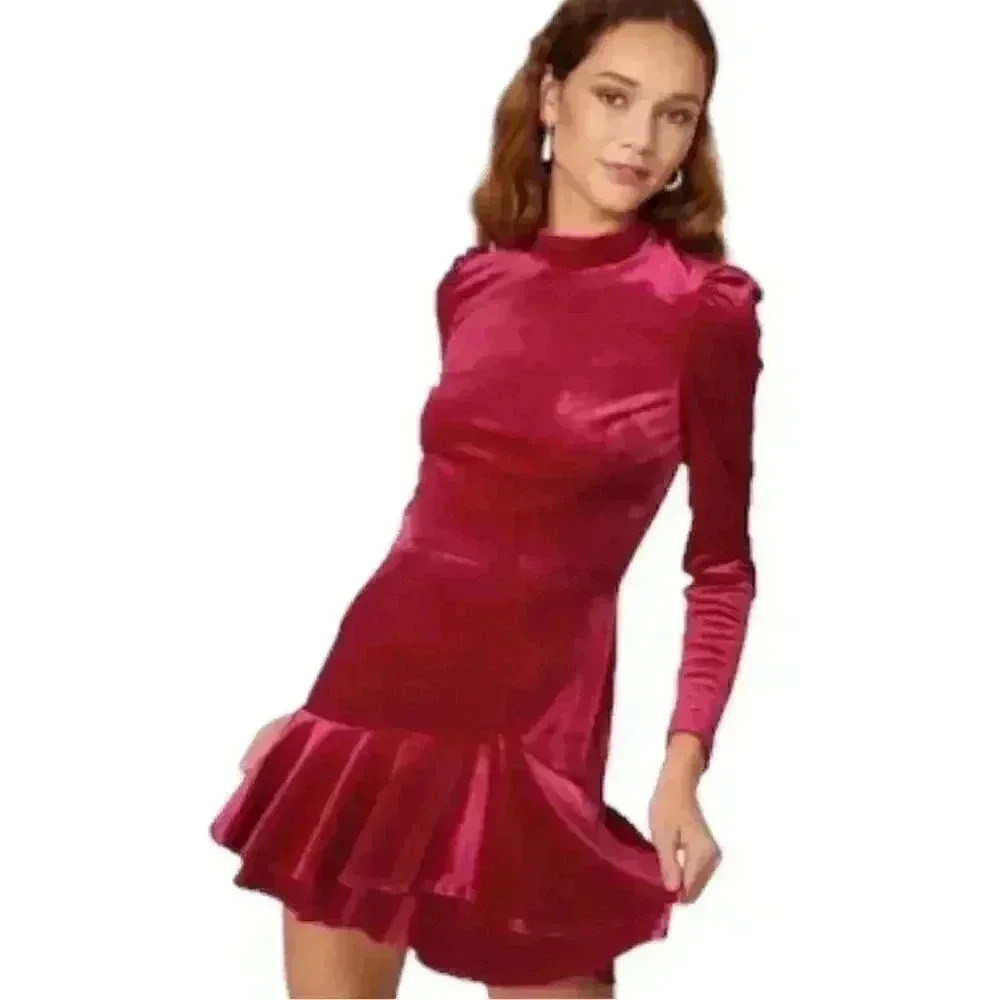 Yumi Kim Shannon Pink Fuschia Velvet Long Sleeve Mini Dress Size Medium - Picture 2 of 12